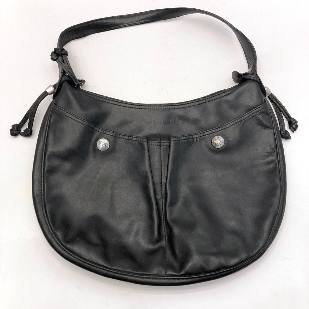 Longchamp Black Leather Hobo Bag Vintage Shoulder 15"x11" Logo